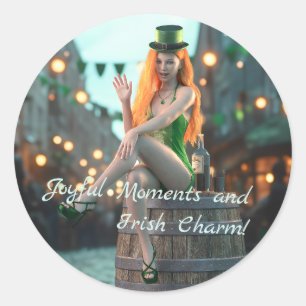 St Patrick's Day Beauty Sitting on a Barrel Classic Round Sticker