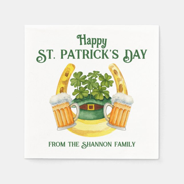 St. Patrick's Day Beer Mugs and Lucky Horseshoe Napkin (Front)