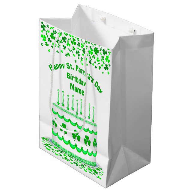 St Patrick's Day Birthday Cake Customizable Candle Medium Gift Bag (Front Angled)