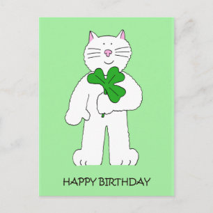 St Patrick's Day Birthday Cat With Shamrock Postcard