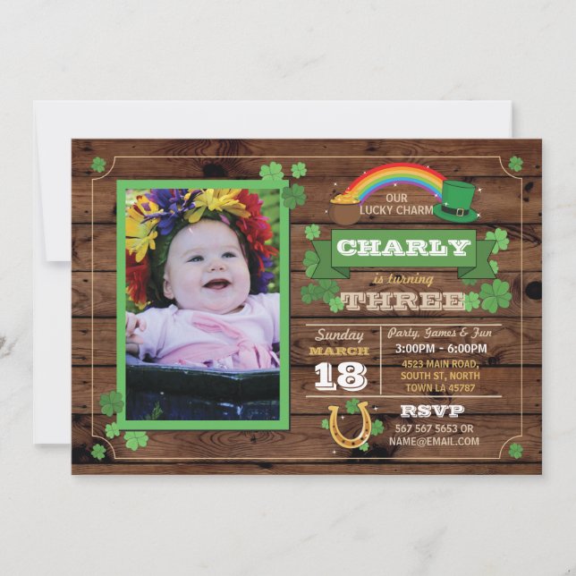 St. Patricks Day Birthday Party Photo Invite 1 2 3 (Front)