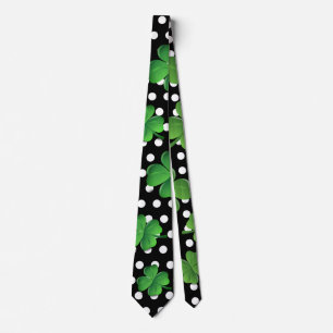 St Patricks Day Black Green Shamrock White Dots Tie