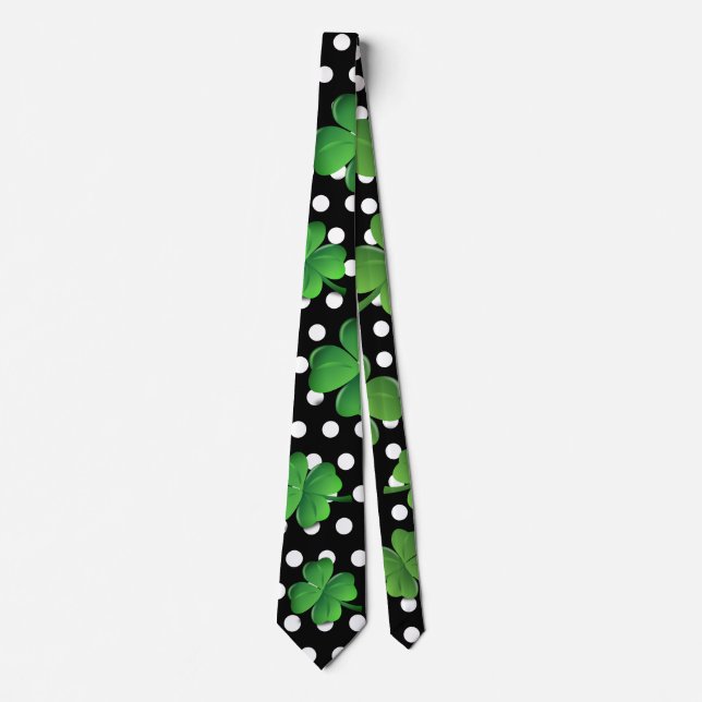St Patricks Day Black Green Shamrock White Dots Tie (Front)