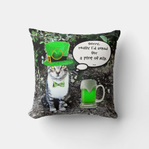ST PATRICK'S DAY CAT AND GREEN IRISH BEER THROW PILLOW