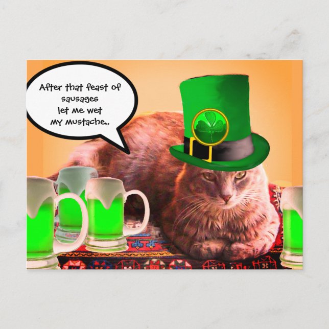 ST. PATRICK'S DAY CAT LEPRECHAUN HAT IRISH BEERS POSTCARD (Front)