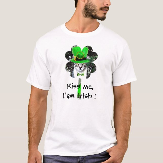 ST PATRICK'S DAY CAT WITH GREEN CLOVER T-Shirt (Front)