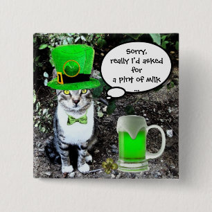 ST PATRICK'S  DAY CAT  WITH GREEN IRISH BEER 2 INCH SQUARE BUTTON