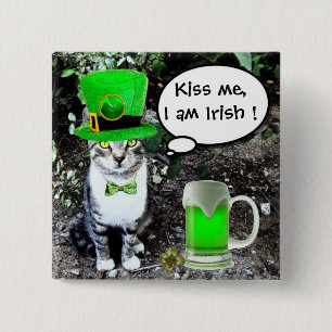 ST PATRICK'S  DAY CAT  WITH GREEN IRISH BEER 2 INCH SQUARE BUTTON