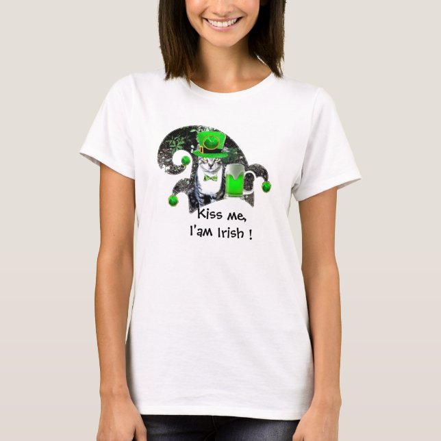 ST PATRICK'S DAY CAT WITH GREEN IRISH BEER,ELF HAT T-Shirt (Front)
