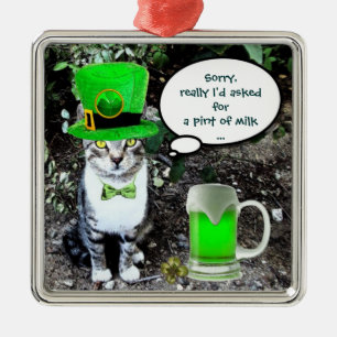 ST PATRICK'S  DAY CAT  WITH GREEN IRISH BEER METAL ORNAMENT