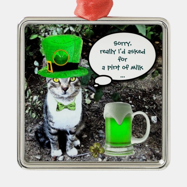 ST PATRICK'S  DAY CAT  WITH GREEN IRISH BEER METAL ORNAMENT (Front)