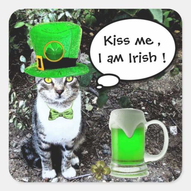 ST PATRICK'S  DAY CAT  WITH GREEN IRISH BEER SQUARE STICKER (Front)