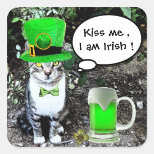 ST PATRICK'S DAY CAT WITH GREEN IRISH BEER SQUARE STICKER