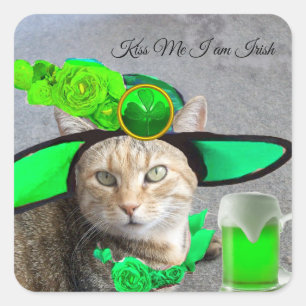 ST PATRICK'S DAY CAT WITH GREEN IRISH BEER SQUARE STICKER