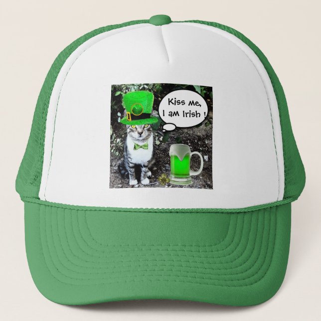 ST PATRICK'S  DAY CAT  WITH GREEN IRISH BEER TRUCKER HAT (Front)