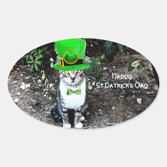 ST PATRICK'S  DAY CAT  WITH LEPRECHAUN HAT OVAL STICKER (Front)