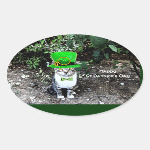 ST PATRICK'S DAY CAT WITH LEPRECHAUN HAT OVAL STICKER