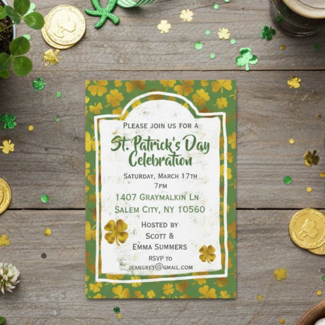 St Patrick's Day Celebration Gold Shamrock Clover Invitation (Creator Uploaded)