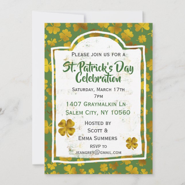 St Patrick's Day Celebration Gold Shamrock Clover Invitation (Front)