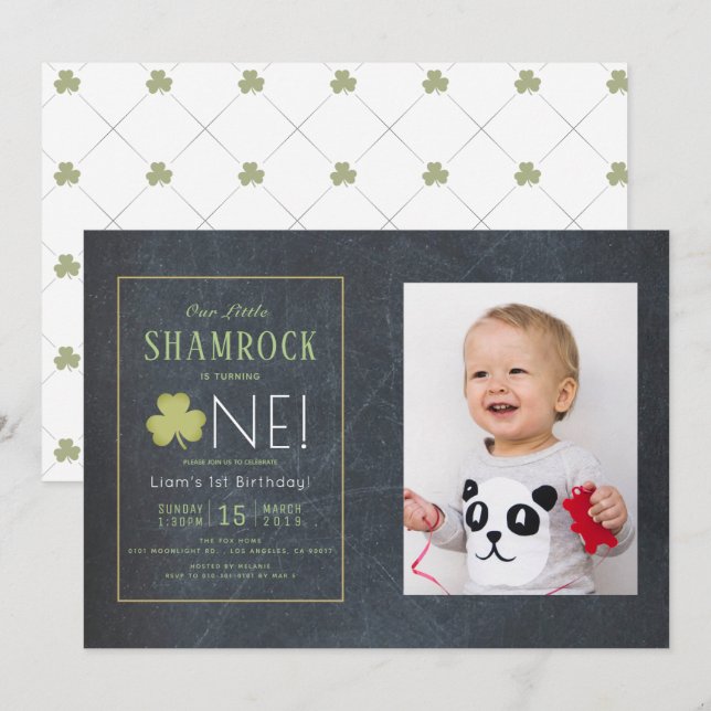 St. Patrick's Day Chalkboard Photo 1st Birthday Invitation (Front/Back)