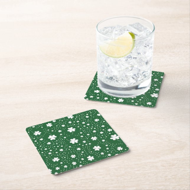 St Patrick's Day Clover Pattern Square Paper Coaster (Insitu)