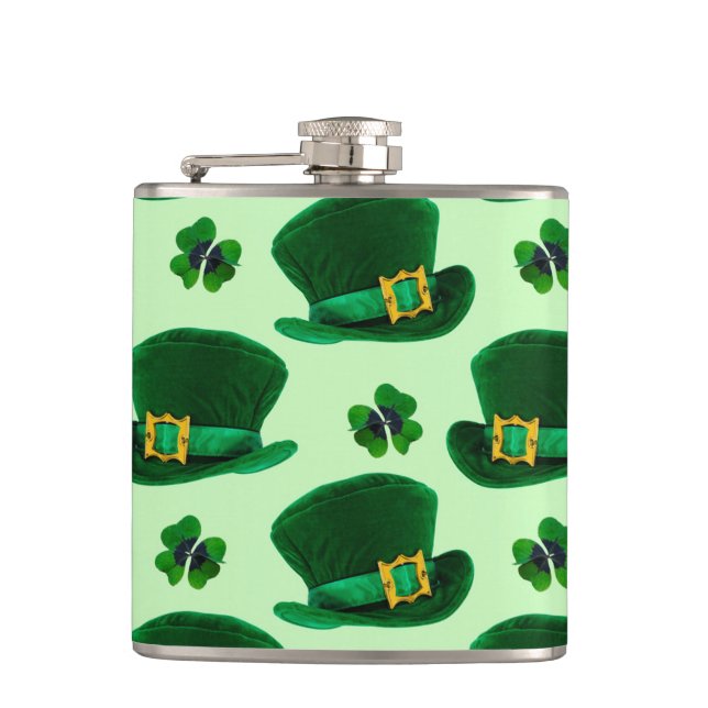 St. Patrick's Day Clovers and Leprechaun Hats Hip Flask (Front)