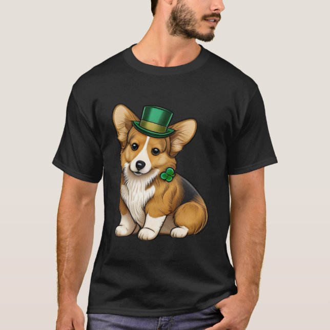 St Patrick's Day Corgi Dog Irish Shamrock Leprecha T-Shirt (Front)