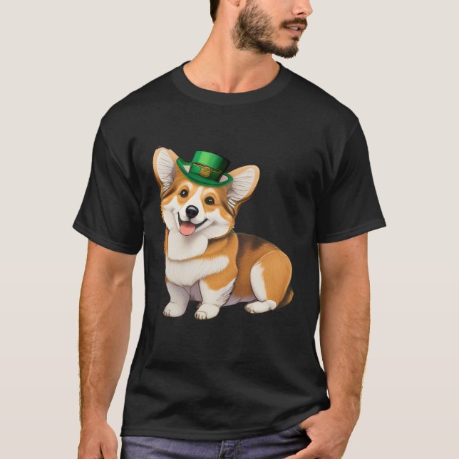 St Patrick's Day Corgi Dog Irish Shamrock Leprecha T-Shirt (Front)