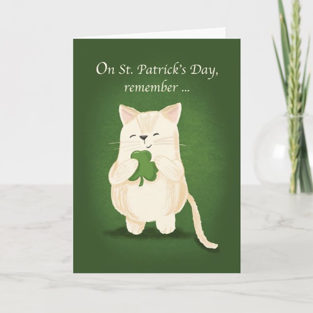 St. Patricks Day Cute Kitten Holding Shamrock Card (Front)