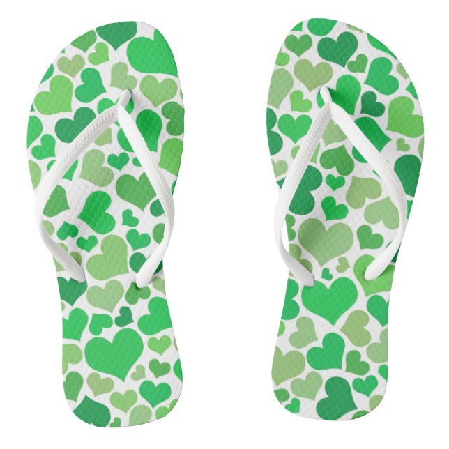 St Patricks Day Cute Lucky Green Hearts Pattern Flip Flops (Footbed)