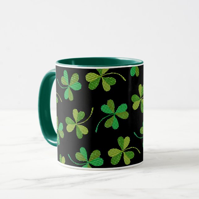 St Patricks Day Cute Shamrock Pattern Green Black Mug (Front Left)