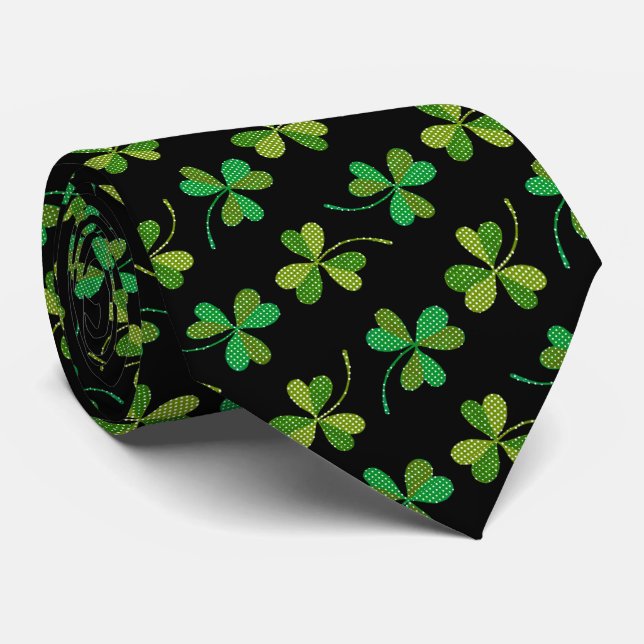 St Patricks Day Cute Shamrock Pattern Green Black Tie (Rolled)