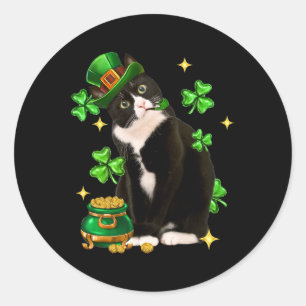 St Patricks Day Cute Tuxedo Cat Shamrock Irish Cat Classic Round Sticker
