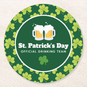 St. Patrick's Day Drinking Team Clover Pattern Round Paper Coaster