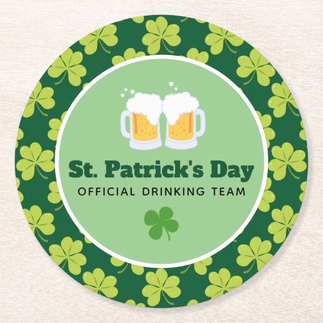 St. Patrick's Day Drinking Team Clover Pattern Round Paper Coaster (Front)
