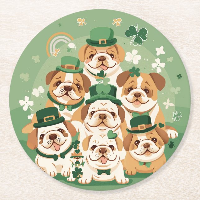 St. Patrick's Day English Bulldogs Round Paper Coaster (Front)