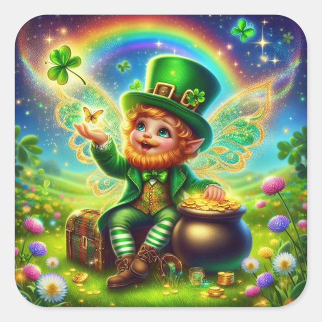 St. Patrick's Day Fairy Leprechaun Square Sticker (Front)