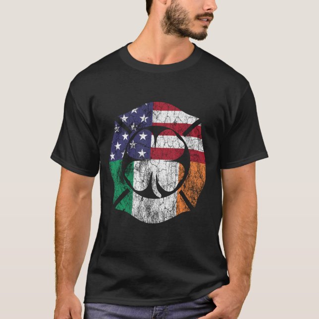 St. Patrick's Day Firefighter Irish American Flag  T-Shirt (Front)