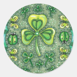 ST. PATRICK'S DAY FOLK ART SHAMROCKS N' LADYBUGS CLASSIC ROUND STICKER