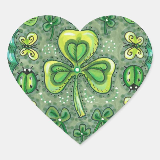 ST. PATRICK'S DAY FOLK ART SHAMROCKS N' LADYBUGS HEART STICKER (Front)