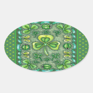ST. PATRICK'S DAY FOLK ART SHAMROCKS N' LADYBUGS OVAL STICKER