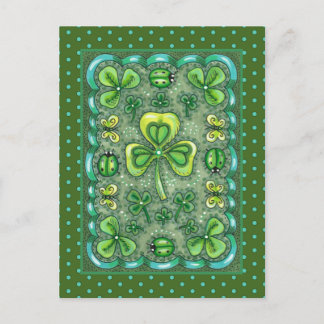ST. PATRICK'S DAY FOLK ART SHAMROCKS N' LADYBUGS POSTCARD