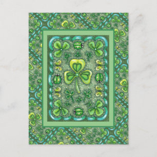 ST. PATRICK'S DAY FOLK ART SHAMROCKS N' LADYBUGS POSTCARD