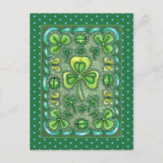 ST. PATRICK'S DAY FOLK ART SHAMROCKS N' LADYBUGS POSTCARD