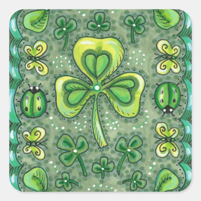 ST. PATRICK'S DAY FOLK ART SHAMROCKS N' LADYBUGS SQUARE STICKER (Front)