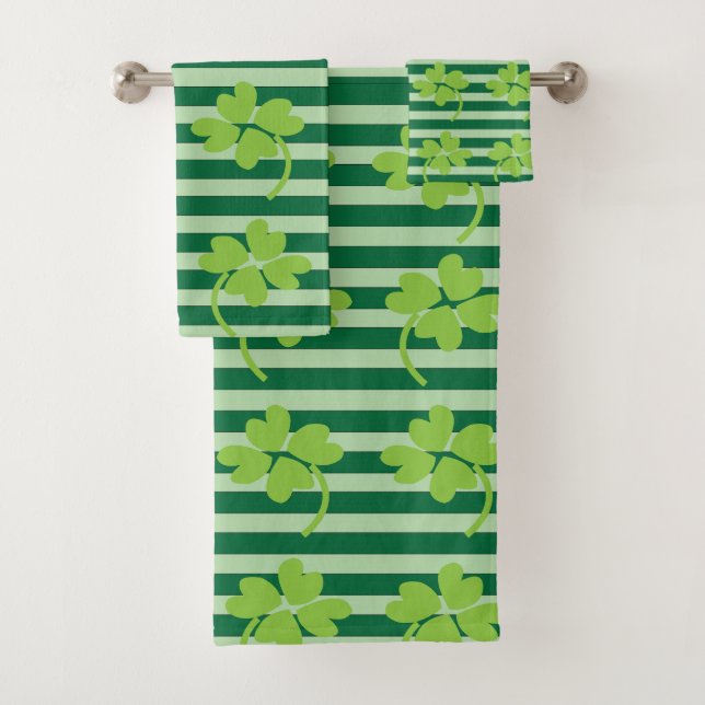 St Patricks Day Four Leaf Clover Stripes Pattern Bath Towel Set (Insitu)