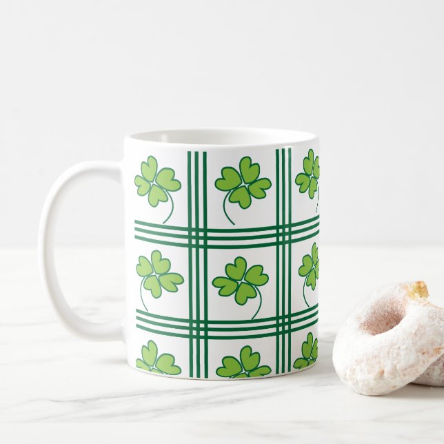 St Patricks Day Four Leaf Lucky Clover Pattern Coffee Mug (With Donut)
