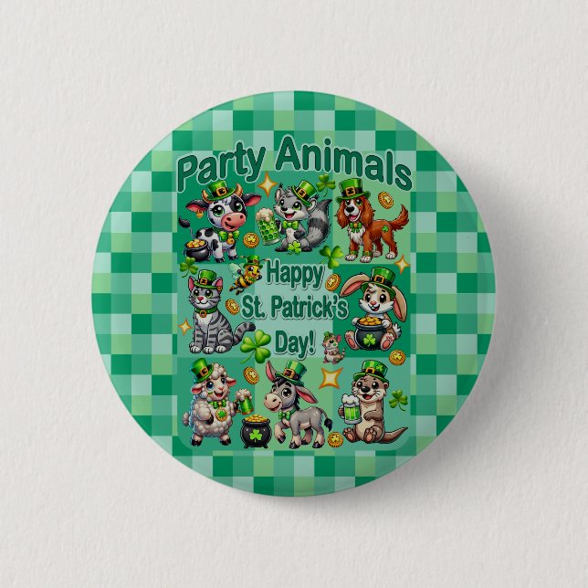 St. Patrick's Day Fun and Adorable "Party Animals" 2 Inch Round Button (Front)