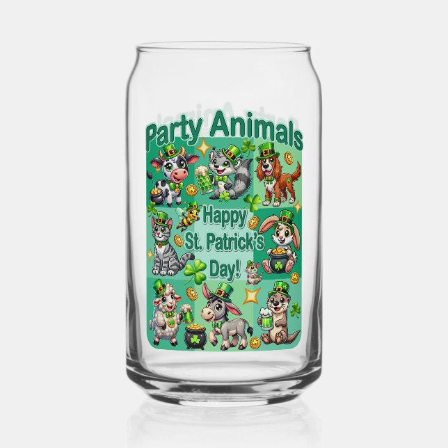St. Patrick's Day Fun and Adorable "Party Animals" Can Glass (Front)