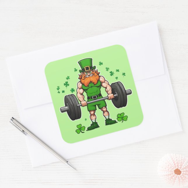 St. Patrick's Day Funny Leprechaun Barbell Gym Square Sticker (Envelope)